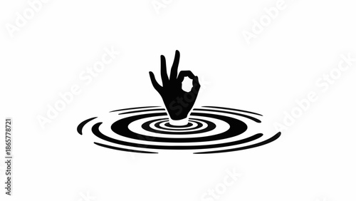Hand making OK sign emerges from rippling water, symbolizing approval or success