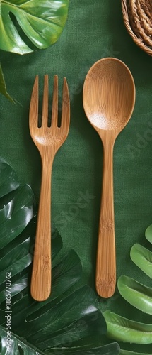 Elegant Bamboo Cutlery on Green Textile with Tropical Leaves