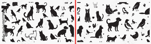 cat dog silhouette icons, pet animal vector, black pet illustrations, animal shadow pack, domestic animal icons, dog cat symbols, pet silhouette collection, animal outline graphics, cute pet icons, ve