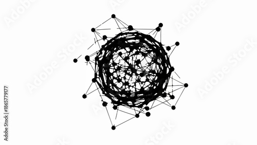 Abstract interconnected network of dots and lines forming a spherical shape on a white background.