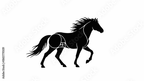 Majestic black horse in silhouette, gracefully galloping with flowing mane and tail against a white background.