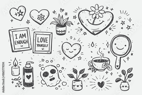Hand Drawn Self Love Valentine Elements in Black and White Sketch Style