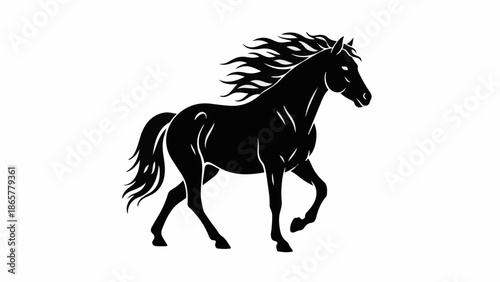 Majestic black horse with flowing mane galloping powerfully on a white background