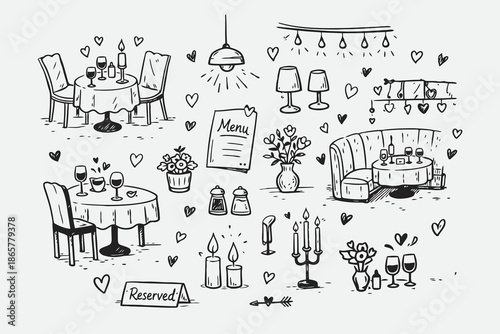 Hand Drawn Restaurant Valentine Scene Elements for Romantic Date Night
