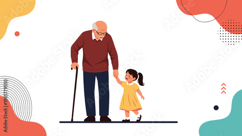 elderly grandfather walking hand in hand with his young granddaughter, symbolizing the special bond between generations in a minimalist style.