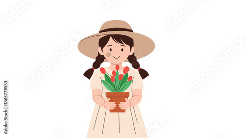 adorable young girl with braids and a sun hat happily holds a terracotta pot filled with bright red tulips against a clean white backdrop.