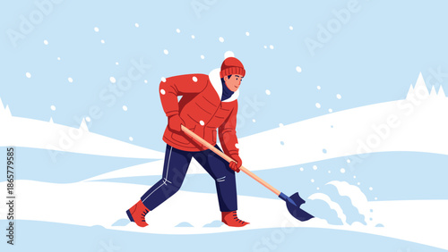 hardworking man dressed in winter gear clears deep snow with a blue shovel during a cold winter day in a serene snowy mountain landscape.