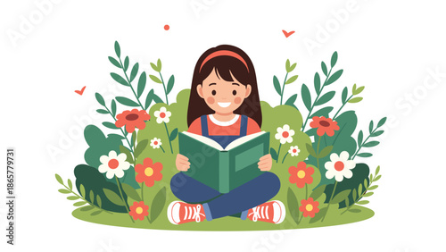 young girl sitting cross-legged in a vibrant garden, deeply focused on reading a book surrounded by colorful flowers and green leaves.