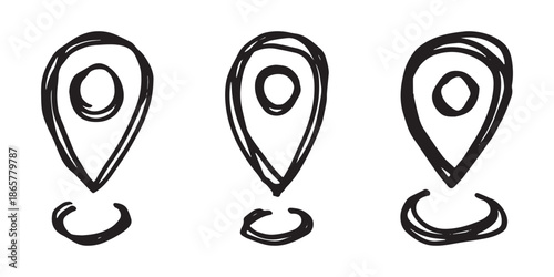 Set of hand drawn map pin Map marker pointer sign GPS and mapping tools Location pin symbol Pinpoint clipart in doodle style Single element for web, design
