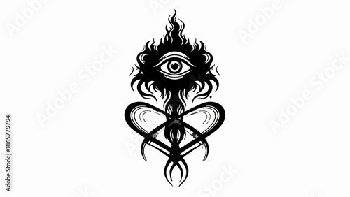 Mysterious all-seeing eye symbol with fiery accents and intricate swirling design