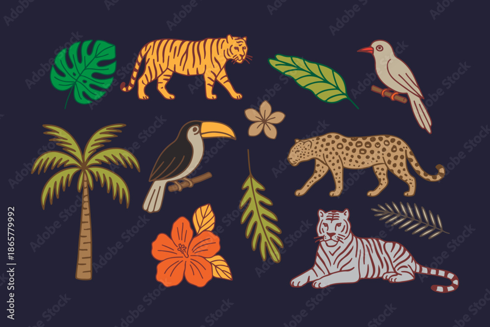 Fototapeta premium Set of Stickers exotic tropical leaves, tigers, leopards, birds and wild animals, jungle plants and flowers. Colorful vector hand drawn jungle in cartoon retro doodle style design illustration