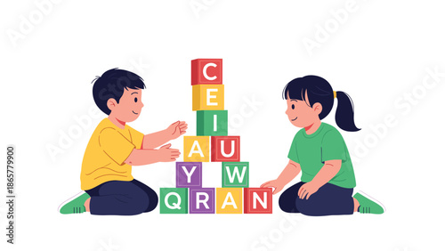 two children kneeling on the floor work together to build a tall tower of colorful alphabet blocks, promoting early childhood learning.