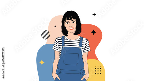 confident young woman with short black hair wearing denim overalls stands against a colorful abstract background with geometric shapes.