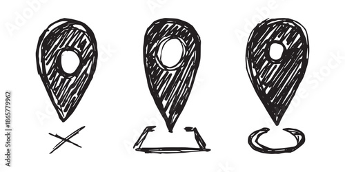Set of hand drawn map pin Map marker pointer sign GPS and mapping tools Location pin symbol Pinpoint clipart in doodle style Single element for web, design