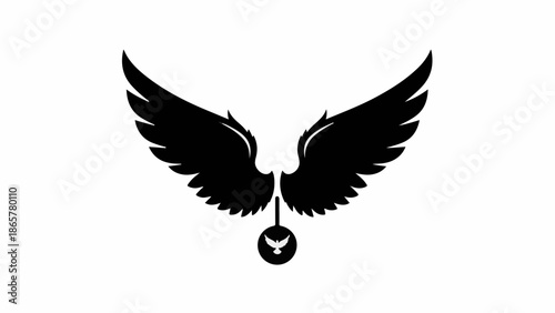 Majestic black wings spread with a small symbolic emblem hanging below, suggesting freedom and aspiration.