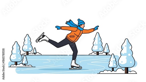 Woman Ice Skating on Frozen Pond