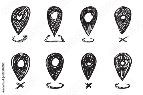 Set of hand drawn map pin Map marker pointer sign GPS and mapping tools Location pin symbol Pinpoint clipart in doodle style Single element for web, design