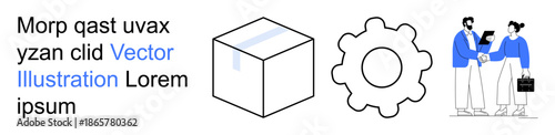 Workplace communication, corporate teamwork, creative solutions, business strategy, mechanics, and design planning. Gear, cube and professionals discussing ideas. Business collaboration and creative