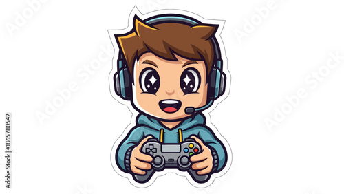 Cute cartoon boy playing video games with headphones and controller.