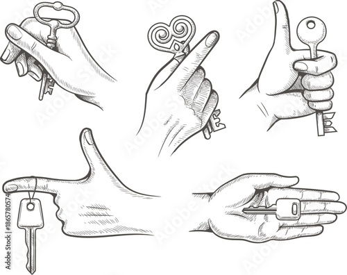 Sketching hands holding keys