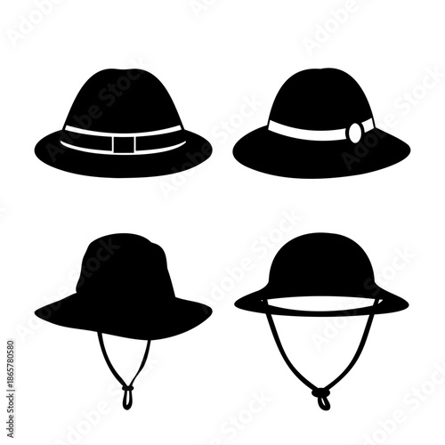 A diverse collection of black hat silhouettes showcasing different headwear styles and designs