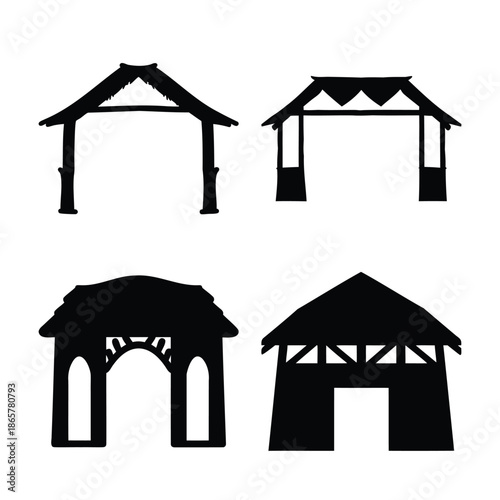 Collection of diverse traditional hut and gateway silhouette designs for architectural graphics