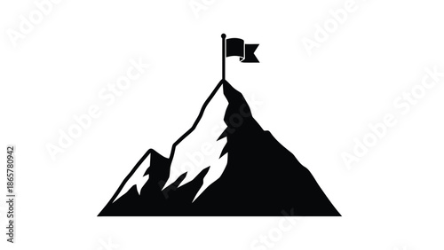 A minimalist depiction of a mountain peak with a flag waving proudly