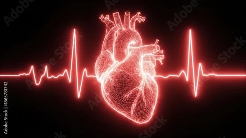 Futuristic glowing red wireframe human heart beating with EKG line pulse and digital rhythm on black background