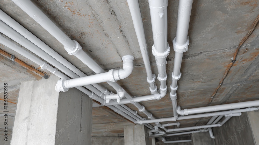 Fototapeta premium Interior construction scene featuring intricate white plastic pipes and a concrete ceiling with exposed textures and a structural column.
