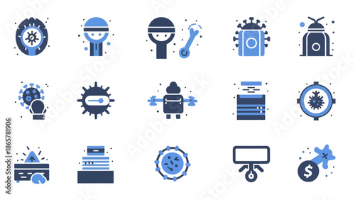 Robot and Automation Icon Set with Artificial Intelligence, Smart Technology, and Industrial Control Flat Vector