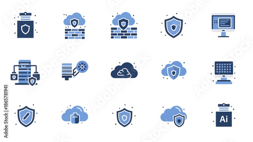 Cloud Security Icon Set, Database Protection, Network Firewall, and Digital File Security Management