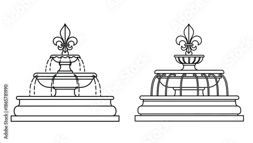 Detailed outline of two tiered ornamental fountains with flowing water features