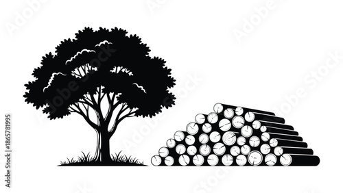 A solitary tree stands beside a neatly stacked pile of timber logs
