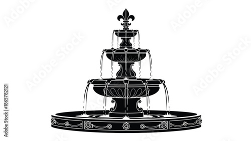 Elegant black and white illustration of a tiered decorative water fountain
