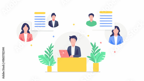 Illustration of a person at a desk with a laptop surrounded by other people and documents