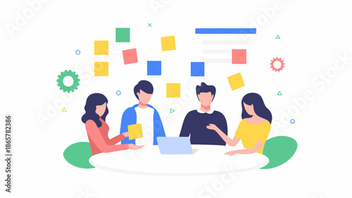 Team collaborating around a table with sticky notes and a laptop in a creative workspace setting