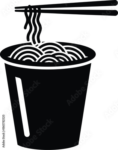 Noodles drawing cups with chopsticks icon vector illustration silhouette. Bowl of instant noodles in a cup being lifted by chopsticks