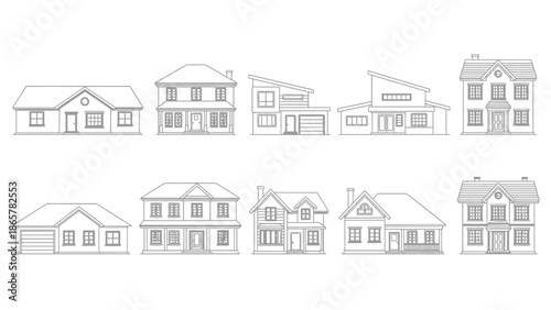 Line art illustration of various residential house facade designs in a row