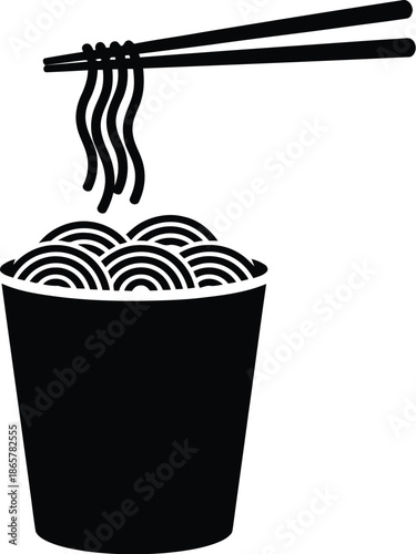 Noodles drawing cups with chopsticks icon vector illustration silhouette. Bowl of instant noodles in a cup being lifted by chopsticks