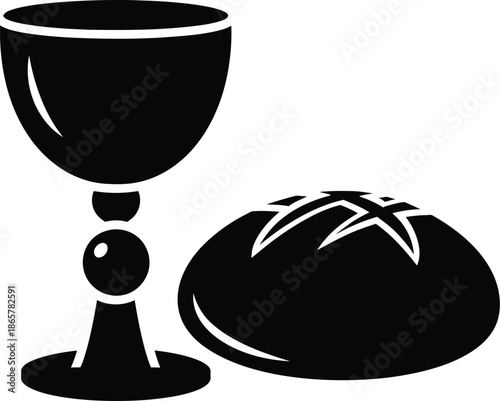 Chalice and bread, Christian sacrament of the Eucharist,  Holy Communion. Lord's evening meal bread and wine vector illustration silhouette.  