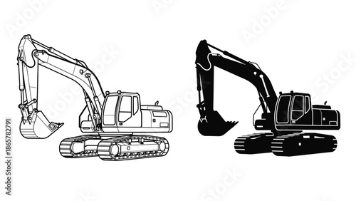 Two excavator illustrations a detailed line drawing and a solid black version