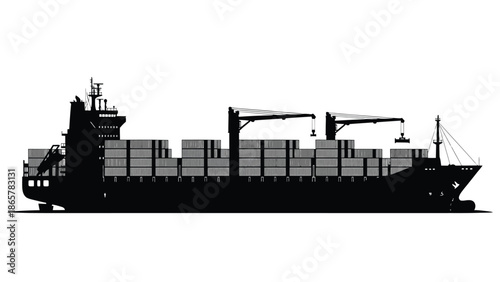 A black silhouette of a large container ship loaded with cargo boxes