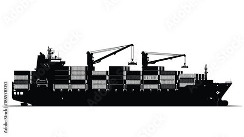 A detailed silhouette of a large container ship loaded with cargo boxes