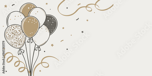 Hand drawn celebration balloons and confetti background
