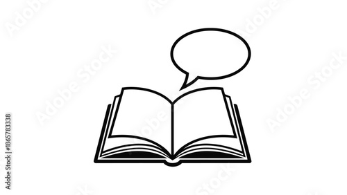 An open book with a speech bubble representing storytelling and communication