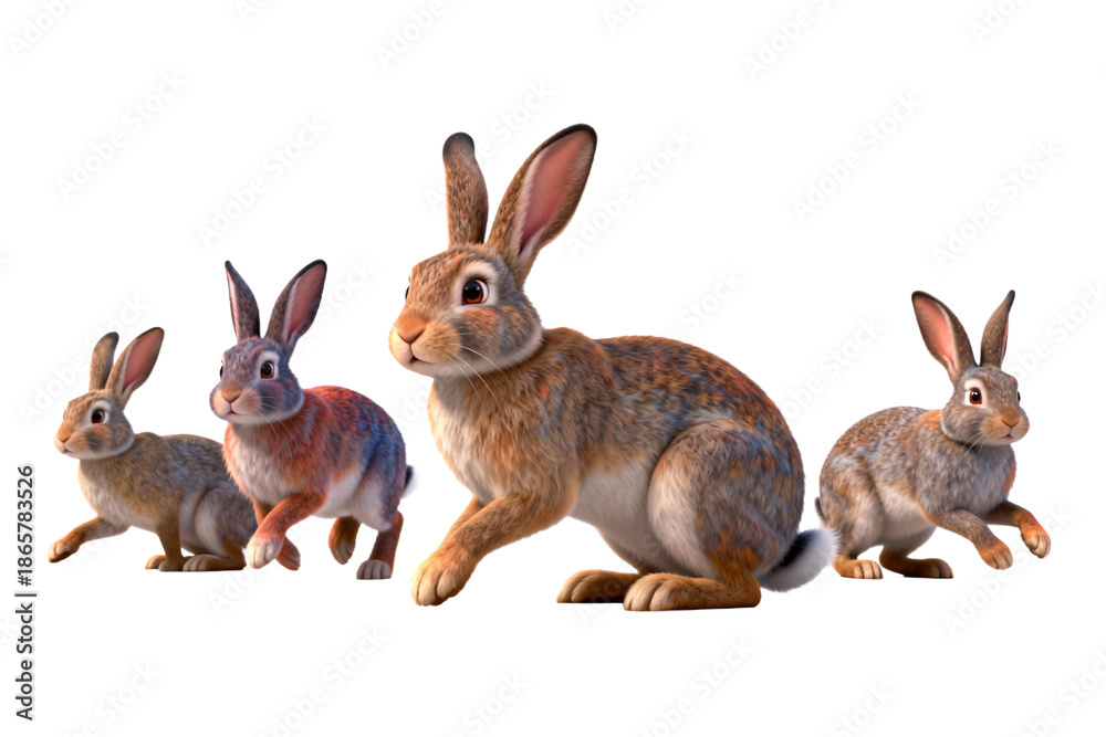 Fototapeta premium Group of Four Adorable Rabbits in Dynamic Poses