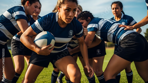 Women Rugby Team Preparing for Match During Practice Session on Green Field with Clear Sky in Background
