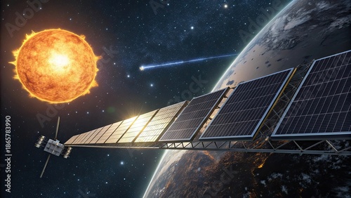 Futuristic solar collectors floating near a star.