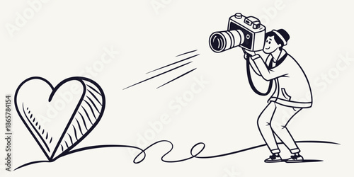 Hand drawn illustration of photographer capturing a heart