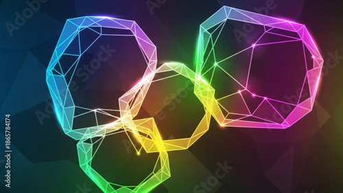 Vibrant polygonal shapes in blue, green, yellow, and pink hues form a creative abstract design on dark background with rainbow with art